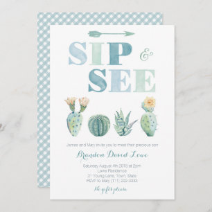 Sip and See for boy with watercolor cacti, gingham Invitation