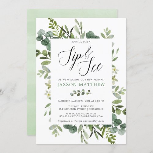 Sip and see gender neutral eucalyptus greenery invitation