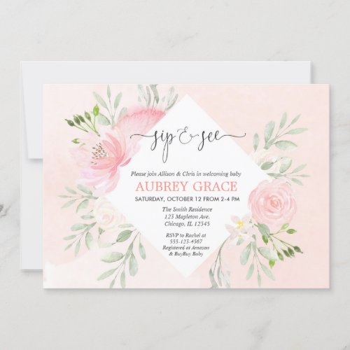 Sip and See girl baby shower Floral blush pink Invitation