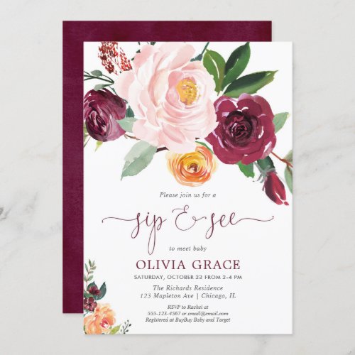 Sip and see girl blush pink burgundy fall invitation