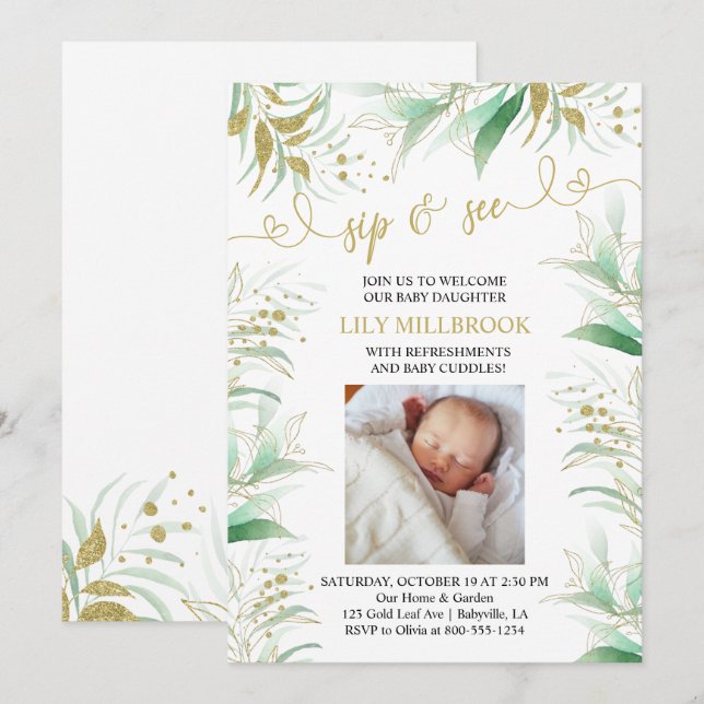 Sip and See Greenery Green and Gold Elegant Invitation (Front/Back)