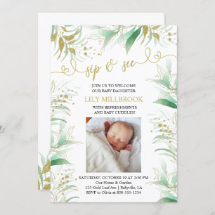 Sip and See Greenery Green and Gold Elegant Invitation