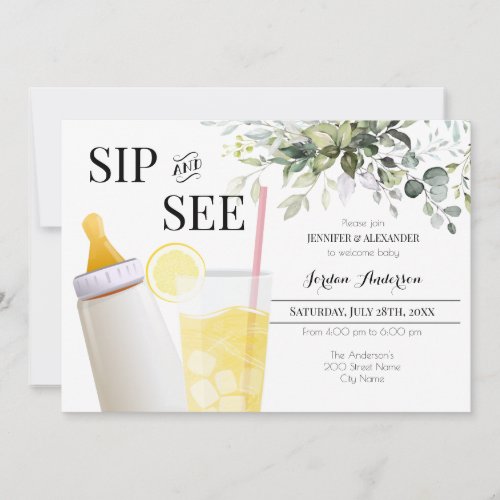 Sip and See Greenery Welcome Baby Invitation