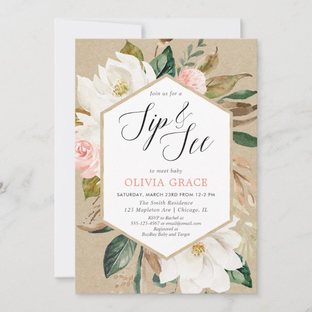 Sip and see meet baby girl rustic floral greenery invitation (Front)