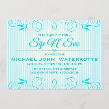 Sip And See Modern Blue Flourish Stripes Invite by oddlotpaperie at Zazzle