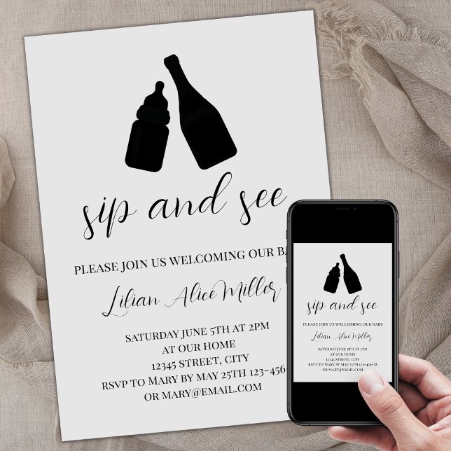 Sip And See Modern Minimalist Elegant Light Gray Invitation (sip and see gender neutral invitation, light gray, baby bottle champagne, minimalist modern)