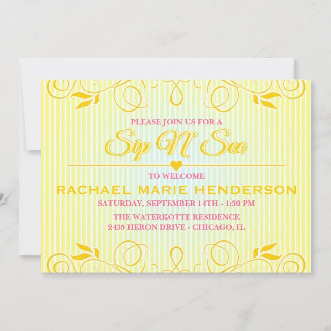 Sip and See Modern Yellow Flourish Stripes Invite (Front)