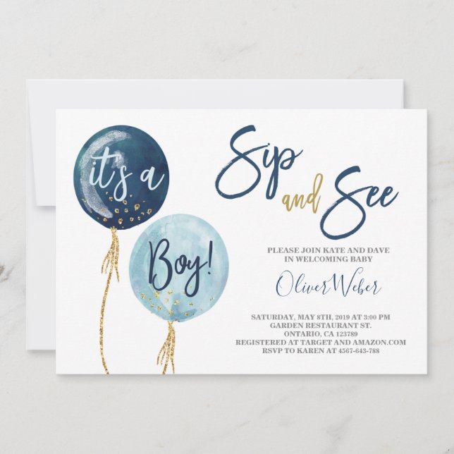 Sip and See navy blue balloons baby shower boy Inv Invitation (Front)