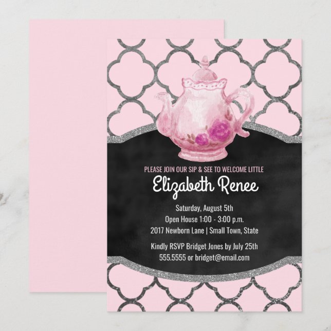 Sip and See New Baby Girl Welcome Teapot Invites (Front/Back)