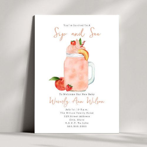 Sip and See Peach Smoothie New Baby Invitation