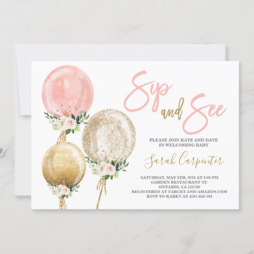 Sip and See pink balloons baby shower girl Invitat Invitation