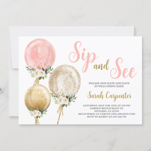 Sip and See pink balloons baby shower girl Invitation