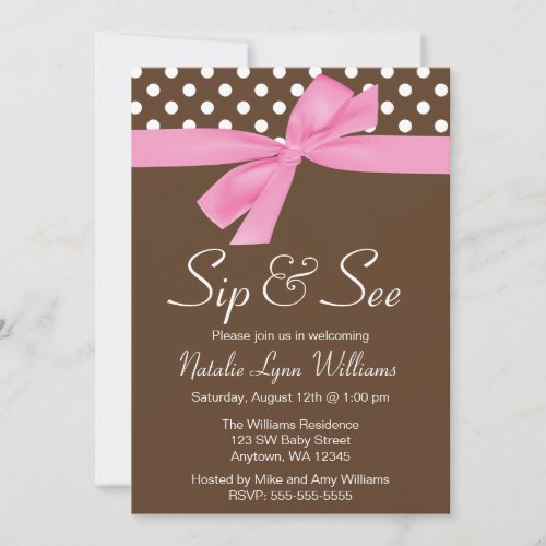 Sip and See Pink Brown Polka Dot Bow Personalized Invite