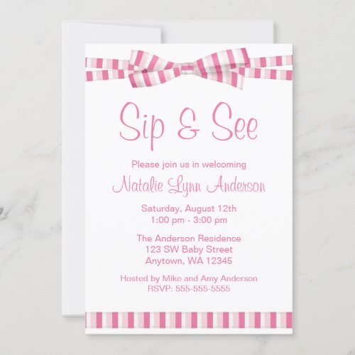 Sip and See Pink Stripe Ribbon Bow Invitation