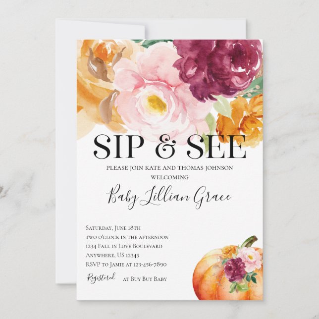Sip and See Pumpkin Baby Shower Invitation (Front)