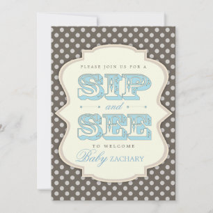 Sip and See Sweet Baby Boy Blue Brown Invitation