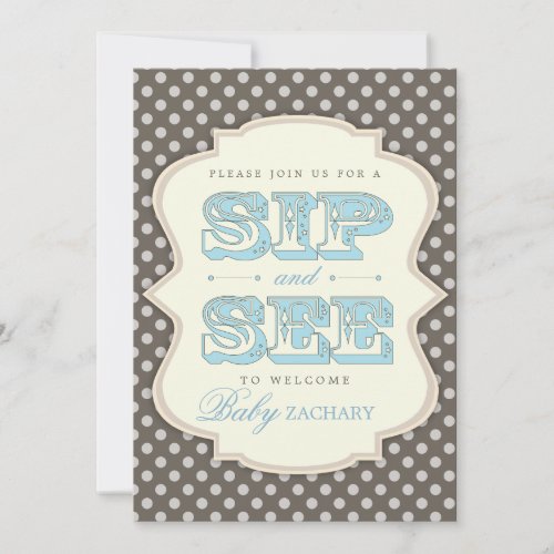Sip and See Sweet Baby Boy Blue Brown Invitation