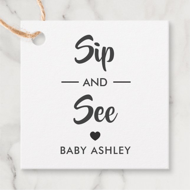 Sip and See Tag, New Baby Gift Tag, Baby Shower Favor Tags (Front)