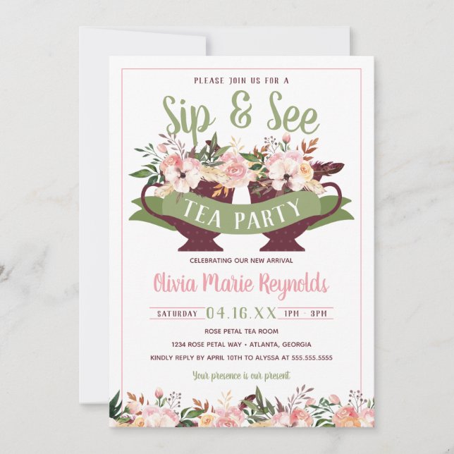 Sip and See Tea Party Baby Shower Invitation (Front)