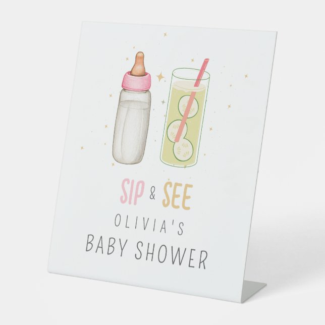 Sip And See, Welcome Baby Girl, New Baby Party Pedestal Sign (Front)