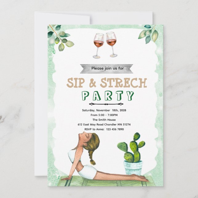 Sip and Stretch Wine and Yoga invitation (Front)