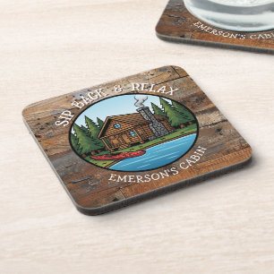 Sip Back and Relax Log Cabin Personalized Beverage Coaster