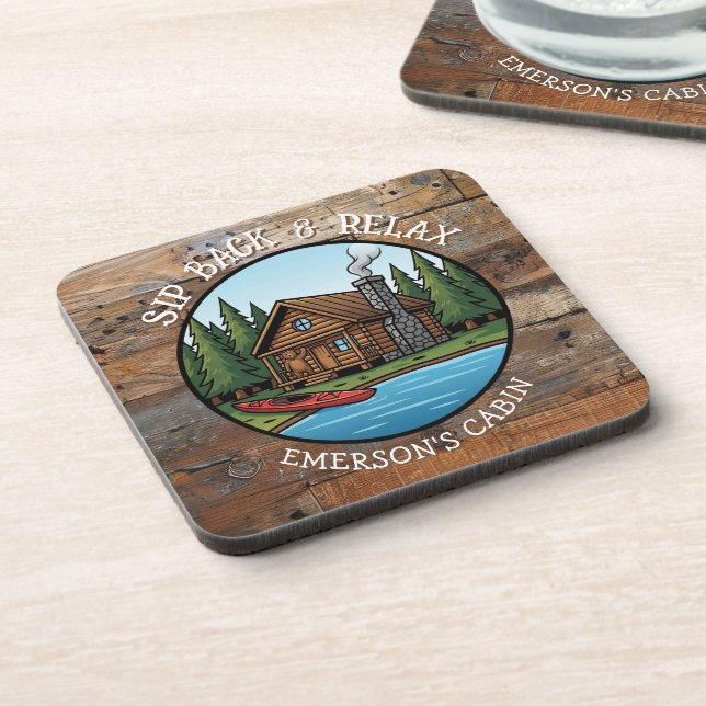 Sip Back and Relax Log Cabin Personalized Beverage Coaster (Left Side)