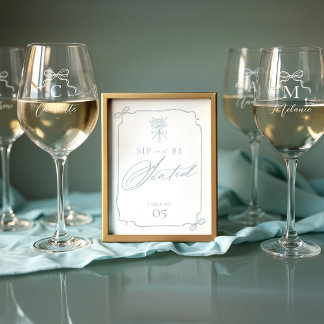 Sip & Be Seated Bow Monogram Name Wedding Seating Wine Glass