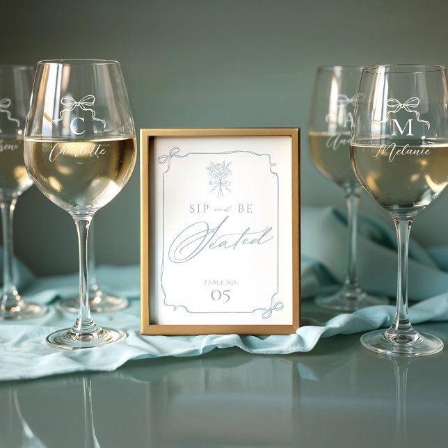 Sip & Be Seated Bow Monogram Name Wedding Seating Wine Glass (Sip & Be Seated Bow Monogram Name Wedding Seating Wine Glass)