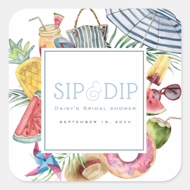 Sip & Dip Pool Party Umbrella Blue Bridal Shower Square Sticker (Front)