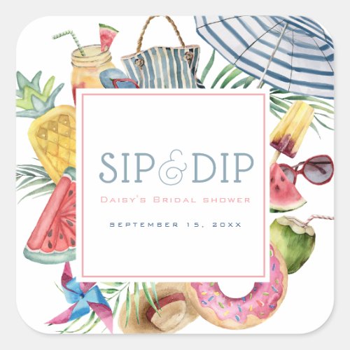Sip & Dip Pool Party Umbrella Pink Bridal Shower Square Sticker