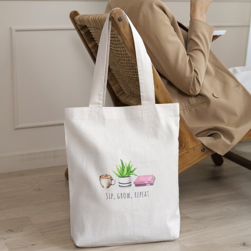 SIP Grow Repeat Cute Watercolor Plant  Coffee  Tote Bag