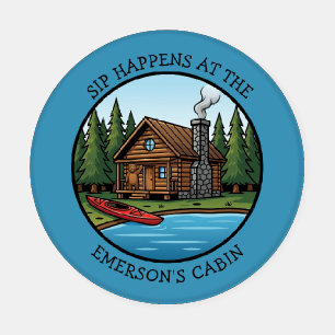 Sip Happens at the *Add Name" Cabin  Coaster Set