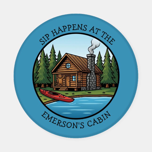 Sip Happens at the *Add Name" Cabin  Coaster Set (Single)