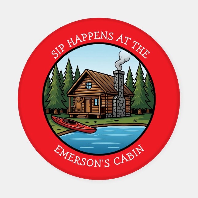 Sip Happens at the *Add Name" Cabin  Coaster Set (Single)