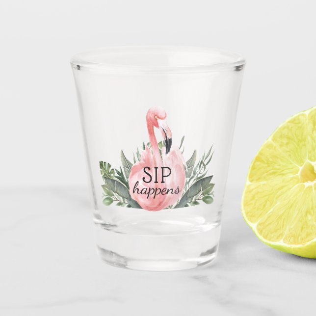SIP Happens Funny Tropical Flamingo Shot Glass (Front)