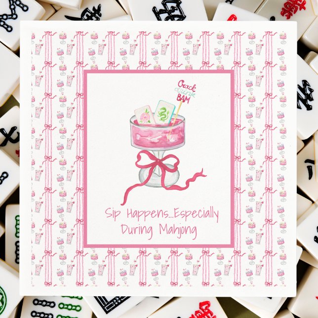 Sip Happens Mahjong Pink Drink Watercolor Tiles Napkins (Creator Uploaded)
