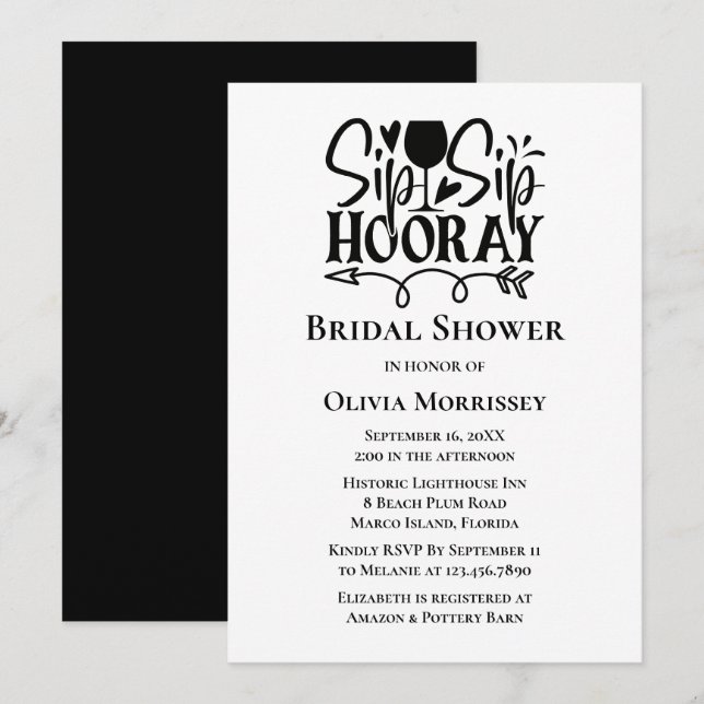 Sip Hooray Black White Typography Bridal Shower Invitation (Front/Back)