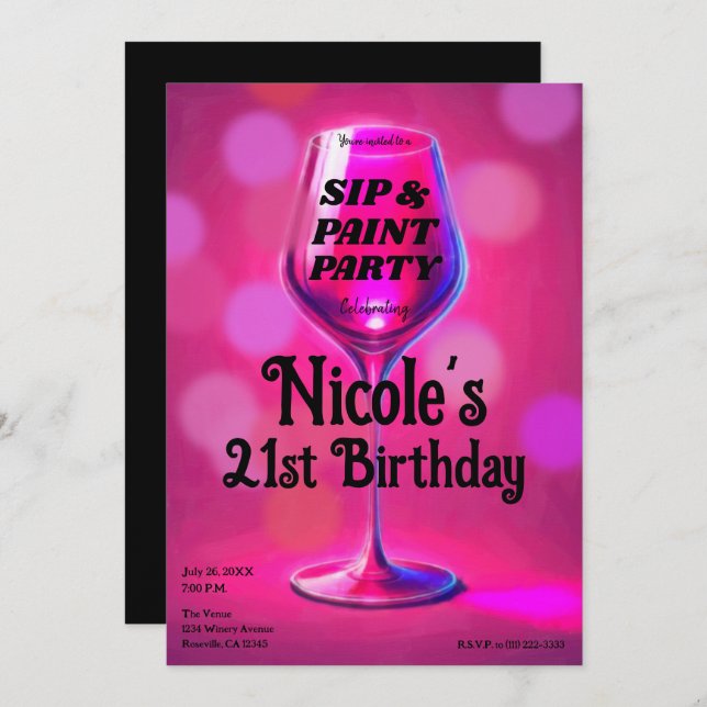 Sip & Paint Pink Wine Glass 21st Birthday Party Invitation (Front/Back)