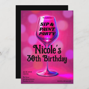 Sip & Paint Pink Wine Glass Adult Birthday Party Invitation