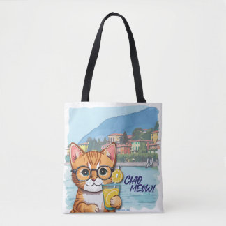 "Sip, Purr & Wander" Cute orange tabby on vacation Tote Bag