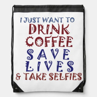 Sip, Save, Smile: Coffee, Kindness, and Selfies Drawstring Bag