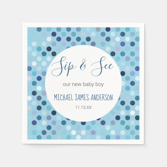Sip & See Baby Boy Shower Blue Polka Dots Napkins (Front)