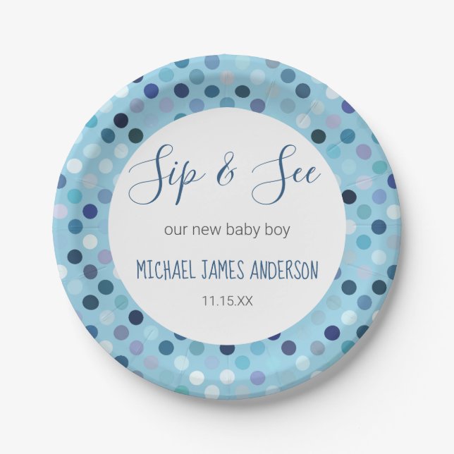 Sip & See Baby Boy Shower Blue Polka Dots Paper Plates (Front)
