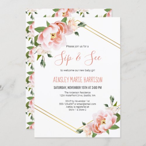 Sip  See Baby Girl Blush Floral Baby Shower Invitation