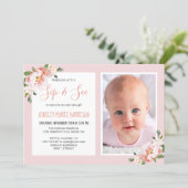 Sip & See Baby Girl Photo Blush Floral Baby Shower Invitation (Standing Front)