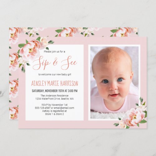 Sip  See Baby Girl Photo Blush Floral Baby Shower Invitation