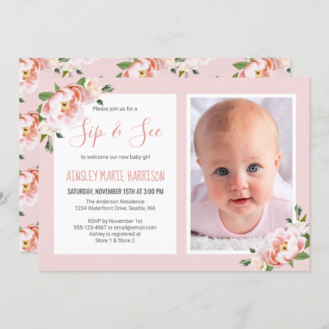 Sip & See Baby Girl Photo Blush Floral Baby Shower Invitation (Front/Back)