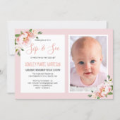 Sip & See Baby Girl Photo Blush Floral Baby Shower Invitation (Front)