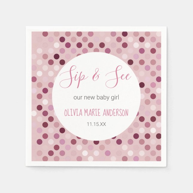 Sip & See Baby Girl Shower Pink Polka Dots Napkins (Front)